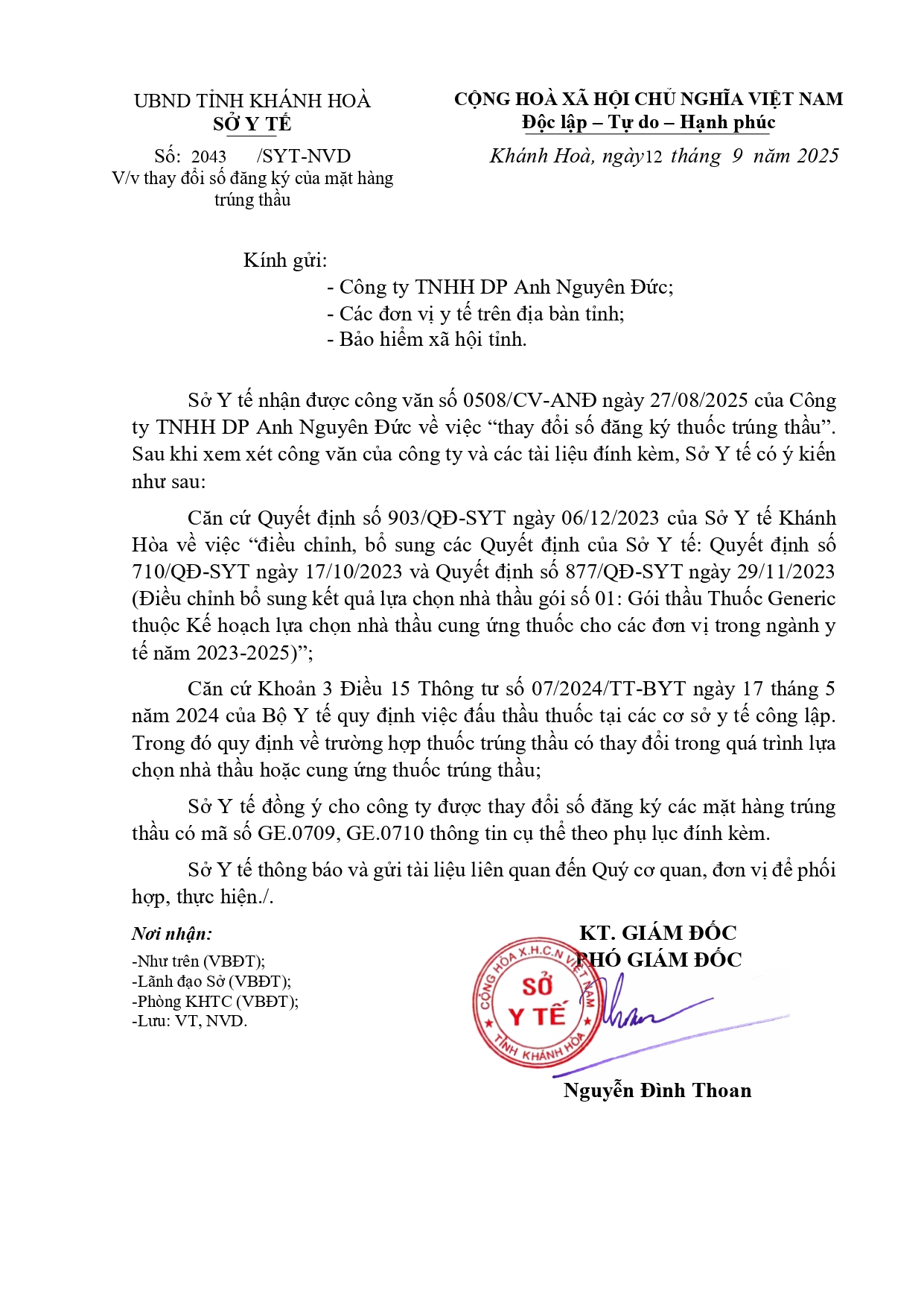 V/v thay đổi số đăng ký của mặt hàng trúng thầu